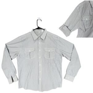 Bohio Button Up Shirt L Men Seersucker Stripe Structured Fitted Roll Tab Sleeves